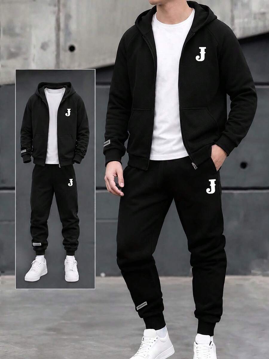 2pcs/Set Tween Boys Casual Workout Solid Color Fleece Letter J Print Hoodie Sweatshirt And Solid Color Jogger Pants Set, High Cost-Effective, Suitable For Commuting, School, Daily Casual, Campus Outings - Black - View 1