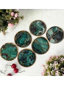 6pcs Luxury Wood Grain Green & Black Dual-Color Marble Wooden Coasters, Perfect For Kitchen Dining Table Heat Insulation. Essential For Holiday Gatherings, Also Suitable For Bar, Office And Home Use, Applicable To Any Occasion. Holiday Home Coasters - Multicolor - View 5