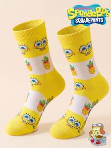 SpongeBob SquarePants 3/1 زوج جوارب SquarePants للرجال، جوارب متوسطة الساق بنقشة أناناس أصفر، مرحة، خريف/شتاء - متعدد الألوان - مشاهدة 1
