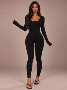 Women's Solid Color Ribbed Knit Long Sleeve Shapewear Jumpsuit, Simple Slim Fit Tummy Control Butt Lifting Body Shaper - Black - View 3