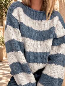 Women's Fashion Loose Casual Comfortable Striped Contrast Color Pullover Sweater - Multicolor - View 2