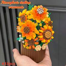 408/433pcs Red Rose & Sunflower Building Block Flower Pot, Everlasting Micro Particle Building Block Assembly Bouquet, ABS Resin Material, 2-In-1 Eternal Building Block Flower Bouquet. Realistic Floral Model Decor, Ins-Style Desktop Warm Healing Ornament, DIY Creative Assembly Model, Adult Stress Relief Toy. Suitable For Home Decor, Friends, Best Friend Thoughtful Gift - Multicolor - View 2