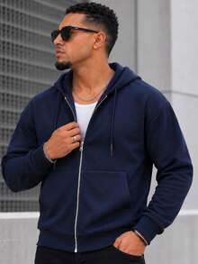 Hoodie Pria Warna Biru Tua dengan Resleting, Sweatshirt Lengan Panjang dengan Tali Serut, Saku Kanguru, dan Trim Bergaris, Cocok untuk Kembali ke Sekolah, Pakaian Sehari-hari, dan Bepergian - Navy Blue - View 4