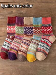 1/5/10 Pairs Thick Warm Women's Socks, Vintage Christmas Style - Multicolor - View 10