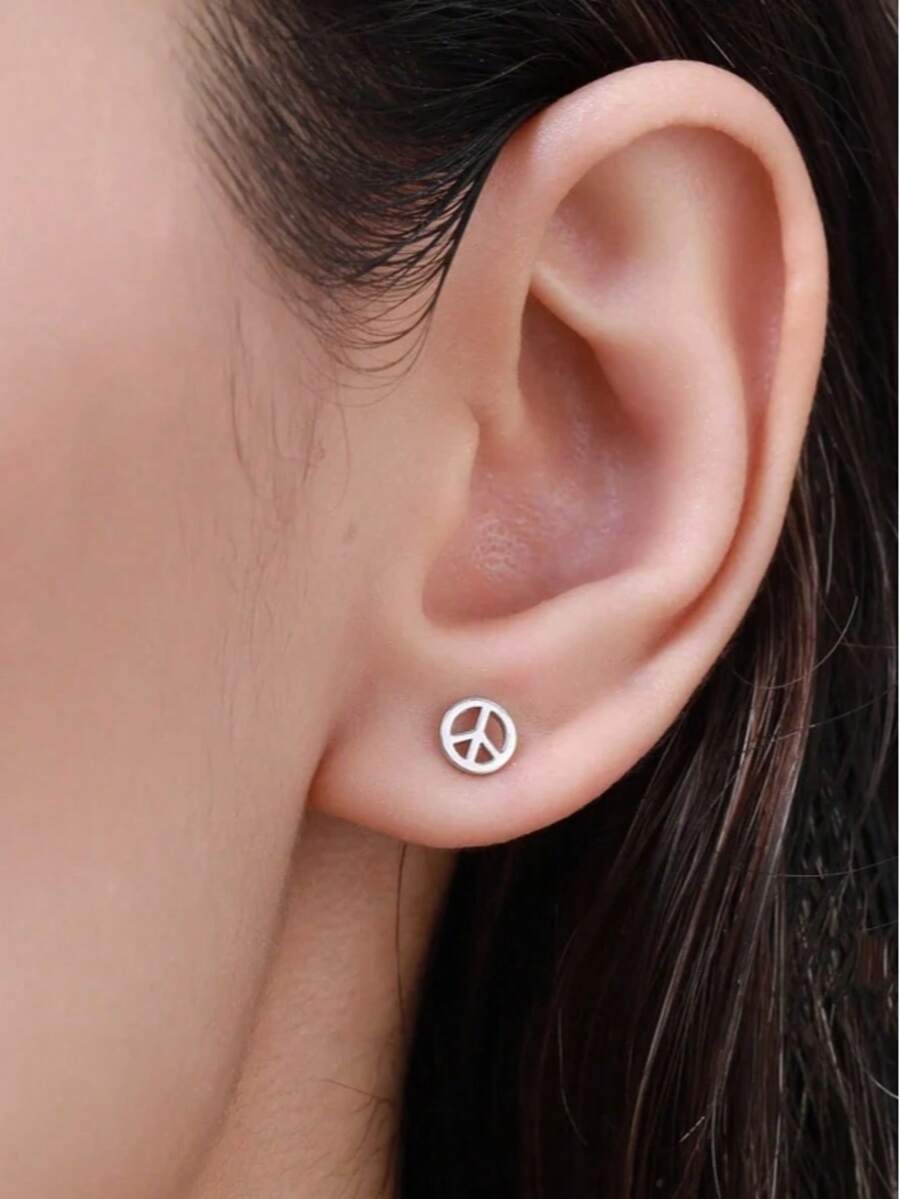 1Pair Silver Tone Hollow Peace Sign Round Stud Earrings, Minimalist ...