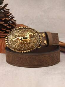 1pc Western Vintage Gold Horse Buckle Belt, Men's Adjustable Durable PU Belt, Suitable For Rodeo And Daily Wear - Multicolor - View 6