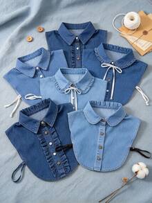 1pc Unisex Blue Round Neck Washed Detachable Fashion Denim Fake Collar, Professional Casual Half-Shirt Style Collar - Multicolor - View 1