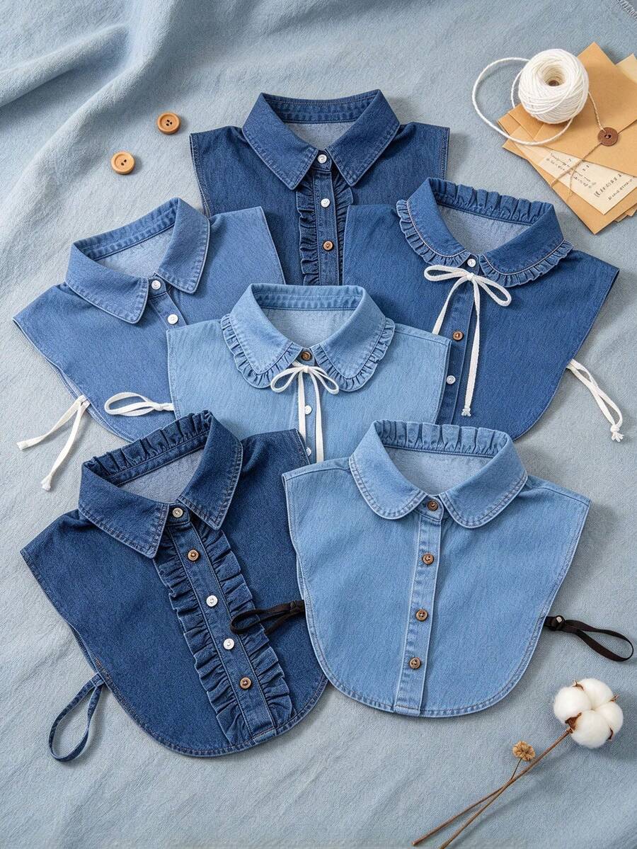 1pc Unisex Blue Round Neck Washed Detachable Fashion Denim Fake Collar, Professional Casual Half-Shirt Style Collar - Multicolor - View 1