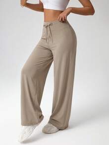 Solid Color High Waist Drawstring Wide Leg Yoga Pants For Women, High Elasticity Draping Skin-Friendly Sports Long Pants, Tummy Control Slimming Casual Fitness Straight Leg Pants Suitable For Daily Wear - Khaki - View 4