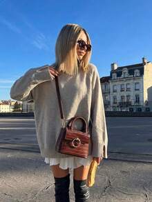 Women's Solid Color Casual Loose Elegant Ribbed Cuff Split Hem Long Sleeve Crew Neck Pullover Sweater, Suitable For Home And Daily Wear, Autumn - Khaki - View 4