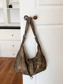 Vintage Distressed Wasteland Style Rivet Commuter Fashion Shoulder Crossbody Tote - Brown - View 8