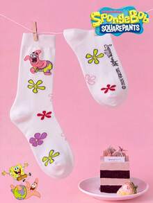 SpongeBob SquarePants 3/1 Pasang Kaos Kaki Wanita SquarePants, Kaos Kaki Setengah Betis Motif Bunga Warna-warni, Menarik, Musim Gugur/Dingin - MultiWarna - View 5