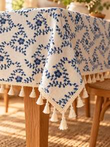 1pc Blue Floral Tassel Tablecloth, Linen Texture Country Style Dining Tablecloth, French Pastoral Home Decor Tablecloth - Blue - View 3