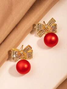 1 Pair Gentle Elegant Rhinestone Bow Red Ball Pendant Stud Earrings For Women - Multicolor - View 2