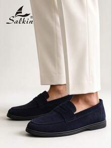 Salkin 經典設計師男士莫卡辛素色麂皮套腳便鞋 軟皮紳士商務社交鞋 男款日常辦公派對休閒鞋 情侶約會浪漫晚餐返校季學生鞋 校園風，請選擇大一號 - 寶藍色 - 查看 11