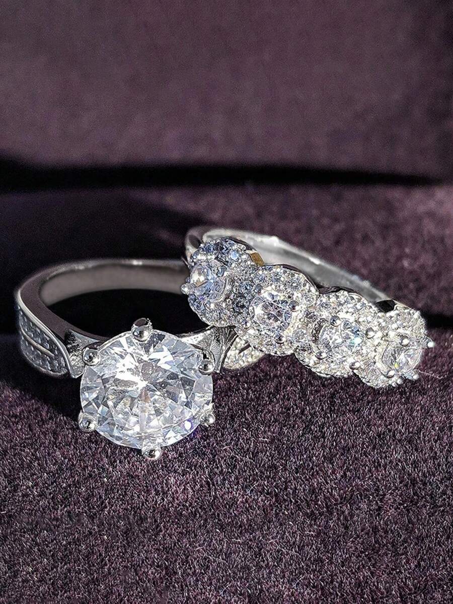 2件組時尚立方鋯石戒指套組，女款婚禮訂婚派對珠寶，情人節禮物