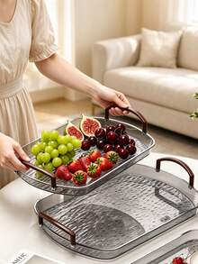 1pc PET Oval Serving Tray With Faux Wood Grain Handle, Water Ripple Pattern Transparent Tray, Multi-Functional For Ramadan Eid, Kitchen Dining Table, Dessert Coffee, Halloween Christmas Home Decor - Grey - View 3