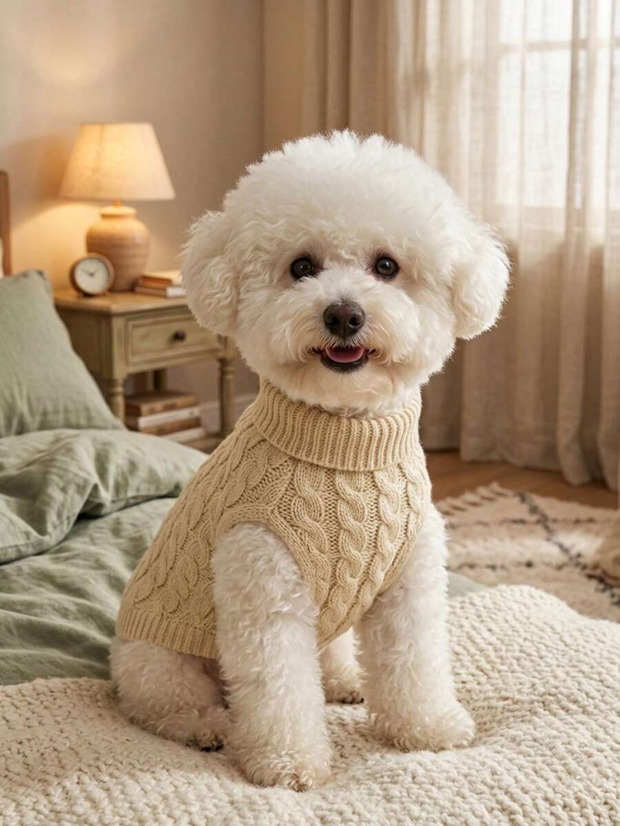 1pc Soft Comfortable Knitted Dog Sweater, Beige High Neck Sleeveless Pullover Fold Collar Puppy Clothes, Suitable For Small Dogs For Home Wear, Outdoor Outings And Photo Shoots - Apricot - View 1