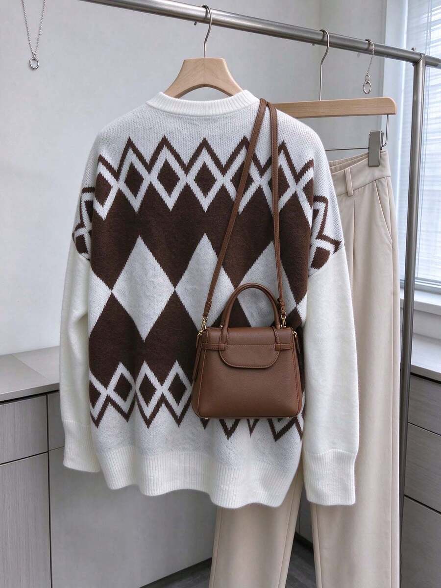 Women's Diamond Pattern Round Neck Dropped Shoulder Long Sleeve Loose Knit Pullover Sweater, Autumn Style - Brown - View 1