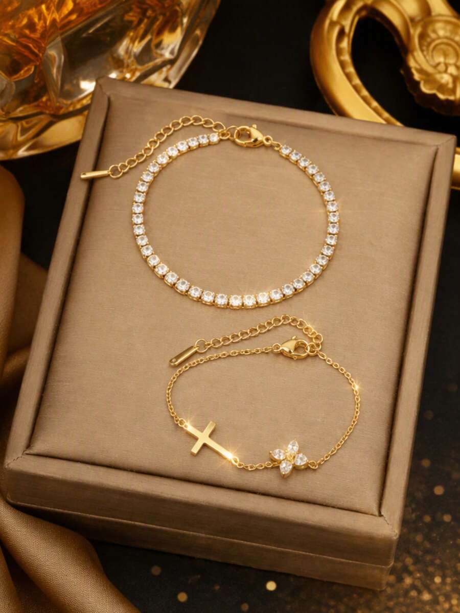 2pcs VceTd Minimalist Luxury Style Stainless Steel Women's Bracelet Set, Featuring Glass-Inlaid Four-Leaf Flower Design And Tennis Chain Design, Suitable For Daily Commute, Travel, Holiday Parties, Or As Valentine's Day Gift For Loved One
