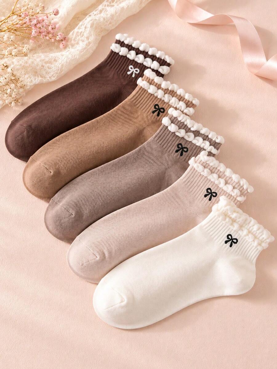 5 Pairs Women's Sweet Bow Pattern Short Socks, Double-Row Contrast Color Bubble Cuff, Multi-Color Knitted Casual Socks, Suitable For Daily Wear - Multicolor - View 1