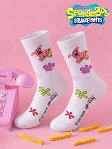 SpongeBob SquarePants 3/1 Pasang Kaos Kaki Wanita SquarePants, Kaos Kaki Setengah Betis Motif Bunga Warna-warni, Menarik, Musim Gugur/Dingin - MultiWarna - View 12
