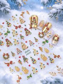 Luxury Gold Trim Christmas Nail Stickers 5D 3D Christmas Tree & Gift Pattern Nail Decals Holiday Nail Art DIY Accessories - Multicolor - View 1