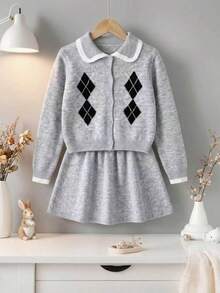 Tween Girls Preppy Style Argyle Print Contrast Color Peter Pan Collar Button-Front Knit Cardigan & A-Line Knit Mini Skirt 2 Pieces, Soft Long Sleeve Knit Wear For Back To School Autumn Casual Wear - Grey - View 3