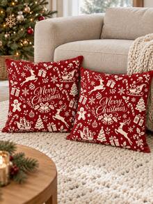 shangxia 2PCS--Christmas Pattern Allover Print Pillow Covers, Vintage Burgundy And Beige Reindeer Gingerbread Man Snowflake Full Print Pattern Living Room Sofa Holiday Decor Throw Pillow Covers--Pillow Insert Not Included - Multicolor - View 6