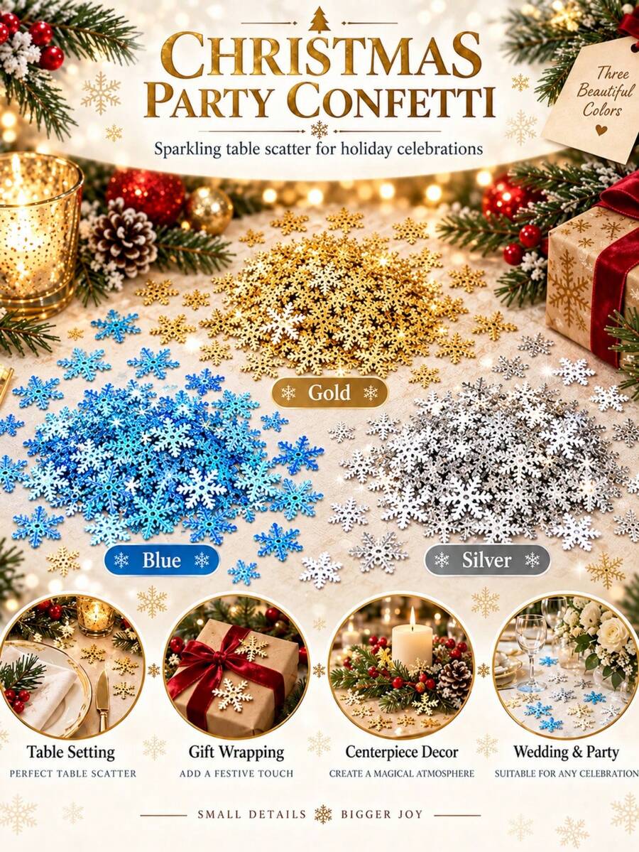 300PCS/Pack Golden Snowflake Christmas Decorations,Christmas-Themed Sequins, Glittery Party Table Setting,Handcrafted DIY Embellishments, And Scatterable Backdrop Accents For Holiday Photo Shoots.For Fireplaces, Shop Windows, Christmas Trees - Gold - View 1