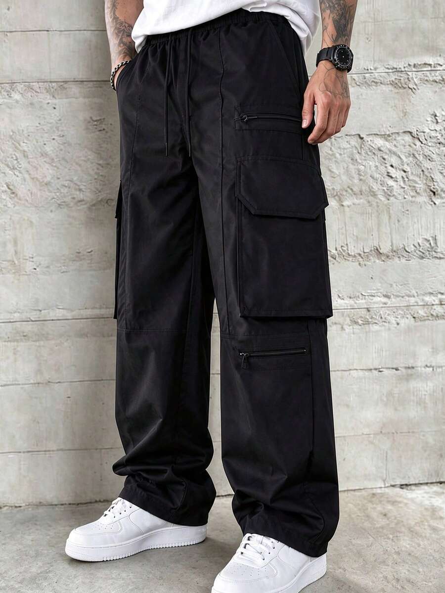 HEYKESON Men's Multi-Zipper Cargo Wide Leg Pants With Drawstring Elastic Waist, Large Flap Pockets, Loose Street Casual Trousers