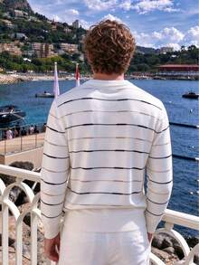 Camvyn Men's Sweater, Autumn/Winter 12-Gauge Striped Slim Fit Regular Shoulder Crew Neck Long Sleeve, Casual Everyday Versatile - White - View 2