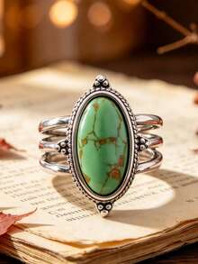 1 Buah Cincin Wanita Perak Oval Batu Turkuois Sintetis Gaya Vintage untuk Pesta Pernikahan/Perjamuan Tanpa Kotak. - Perak - View 2