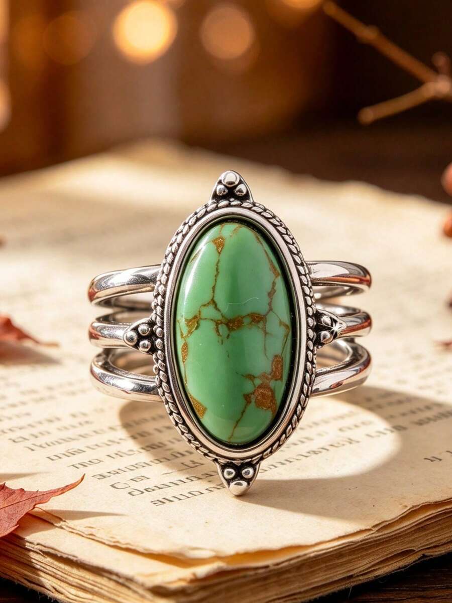 1Pc Silver Women Oval Synthetic Turquoise Ring Vintage Style For Wedding Banquet Party No Box. - Silver - View 1