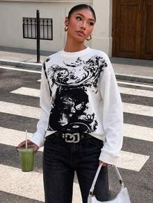 Women's Cyber Y2K Fashion Street Y2K Unique Print Round Neck Long Sleeve T-Shirt Casual White Spring - White - View 1