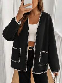 Women's 25104 Women's Shepherd Stitch Detailed Cardigan With Pockets Black - Black - View 4