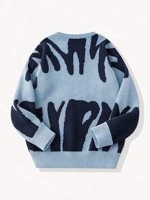 Fashion Pattern Round Neck Long Sleeve Casual Pullover, Dropped Shoulder Letter Print Campus Street Style Spring Break Outfit Knit Sweater - Multicolor - View 5