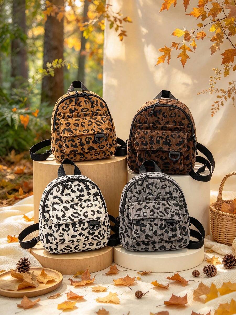 Stylish Corduroy Retro Leopard Print Mini Backpack. Perfect For Outdoor Activities, Play, Commuting, Etc., And A Perfect Gift For Teenagers. - Multicolor - View 1