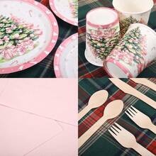 20PCS Christmas Paper Tableware Set, Pink Christmas Tree Gift Pattern, Disposable Party Tableware, Christmas Party Supplies For Pink Christmas Party, Birthday, Winter Party, Holiday Party, Friends Gathering, Family Gathering, New Year, Dessert Table - Multicolor 2 - View 4