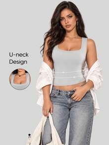 Women's Grey Ribbed Knit Square Neck Tank Top, Slim Fit Seamless Camisole For Daily Wear And Autumn Outfits - Grey - View 9