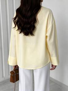 Women's Fashion Yellow Drop Shoulder Long Sleeve Stand Collar Blouse, Loose Fit Top For Spring And Autumn - Light Yellow - View 2