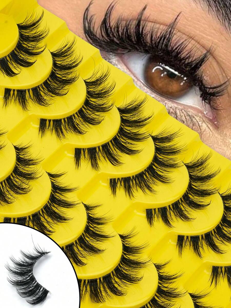10 Pairs Lightweight Faux Mink False Eyelashes, Layered Handmade Strip Lashes, Transparent Invisible Lash Band, Soft Natural Style, Suitable For Women Beginners Daily, Christmas Party Eye Makeup - Black - View 1