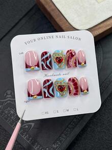 10pcs/Set Y2K Nails Handmade, Cute Nails, Pink Nails, Red Nails, Blue Stripes Nails & Red Jewelry Nails, Perfect For Parties & Daily Wear. Square Nails. Handmade Press On Nails Square, Fake Nails, Acrylic Nail, Short Nails, Handmade Nails, Fall Nails - Multicolor - View 12