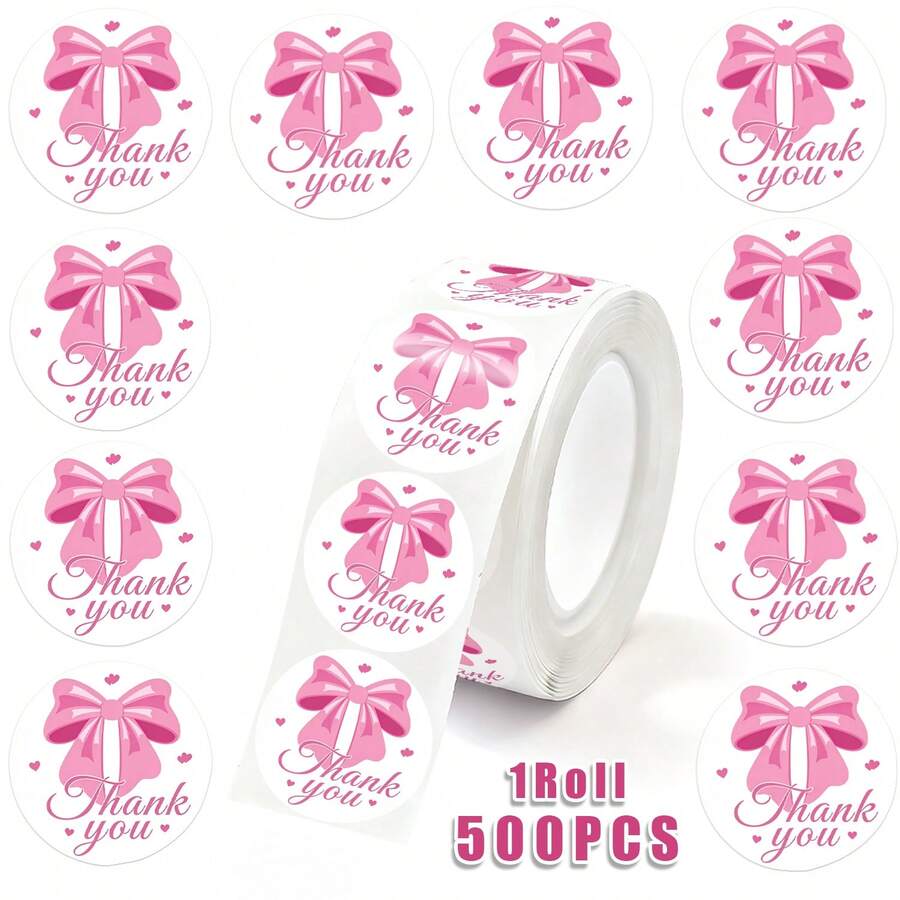 500pcs/Roll 1 Inch Pink Bow Thank You Seal Stickers, Commercial Decorative Self-Adhesive Labels For Baking Gift Packaging, Suitable For Small Business, Minimalist Elegant Sealing Stickers For Envelopes, Party Gifts, Decorative Stickers - one-size - View 1