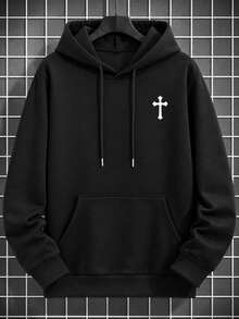 男士大尺碼十字印花連帽衛衣，大尺碼休閒長袖套頭運動衫，附抽繩與袋鼠口袋，秋冬街頭風 - 黑色 - 查看 2
