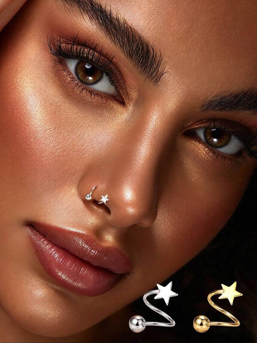 1pc S925 Sterling Silver Rotating Star-Shaped Threaded Nose Ring & Rotating Heart-Shaped Threaded Nose Ring, Suitable For Daily Wear - Single - View 1