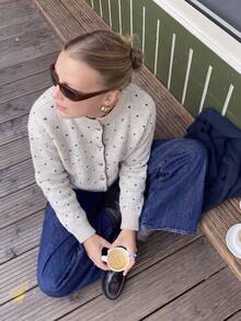Women's Button-Up Polka Dot Knit Cardigan, Cute & Comfortable Sweater, Suitable For Date Night, Christmas, Halloween, Thanksgiving Outfits - Apricot - View 6