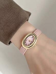 1pc Pink Women's Quartz Watch, Daily Wear, Oval Case, Roman Scale, PU Leather Strap, Fashionable, Elegant, Casual And Simple Style, Gift Selection - Pink - View 5