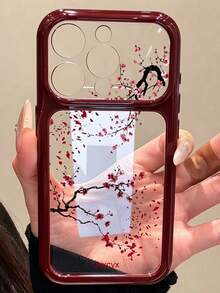 復古藝術墨紅梅花花卉印花圖案酒紅邊框手機殼，適用於 iPhone 18 Pro Max 18 Pro 17 Pro Max 16 Pro Max 15 Pro Max 14，創意透明硬殼大窗防震後蓋，聖誕禮物 - 梅花 - 查看 3