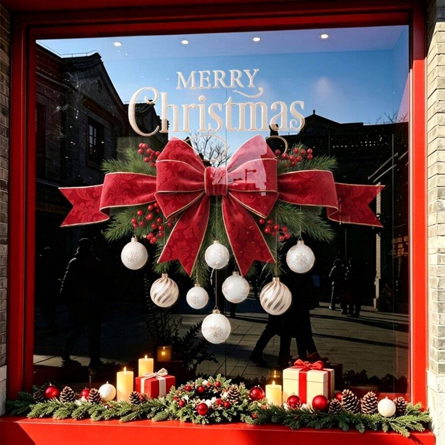 1pc Red Bow And Pine Branch Christmas Ball Glass Sticker, Double-Sided Visible PVC Electrostatic Adsorption Glass Sticker, Holiday Party Decoration For Glass Doors And Windows. - Multicolor - View 1